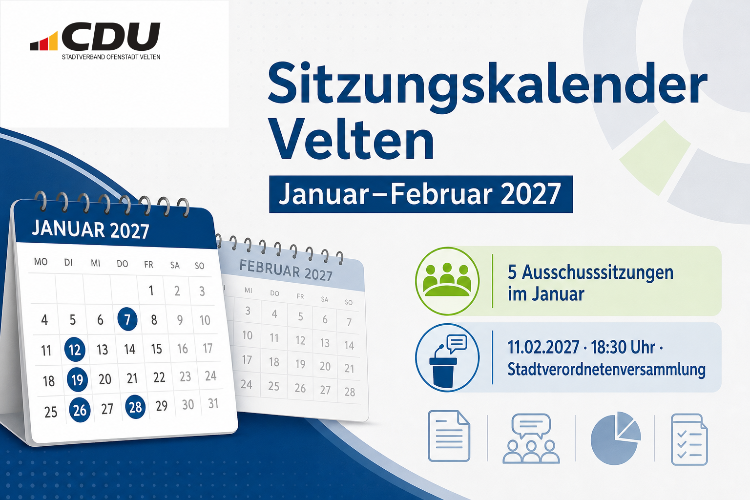 Redaktionelle Veranstaltungskarte zum Sitzungskalender der Stadt Velten mit fünf Ausschusssitzungen im Januar 2027 und einer Sitzung der Stadtverordnetenversammlung am 11. Februar 2027 um 18:30 Uhr.