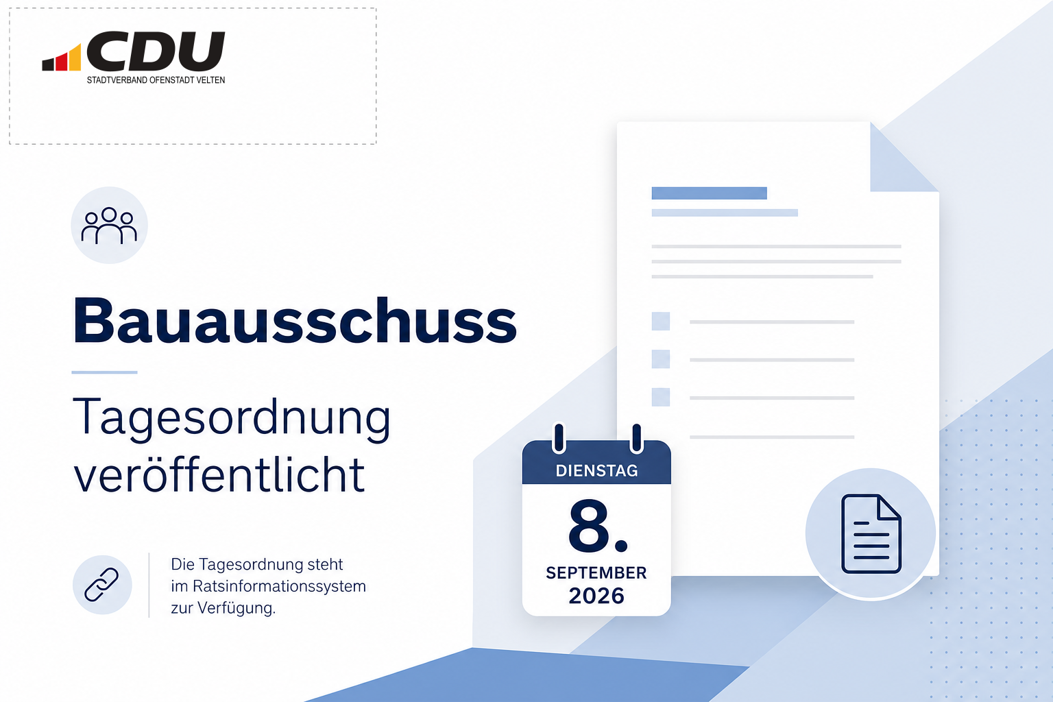 Stilisierte Grafik eines PDF-Dokuments zur veröffentlichten Tagesordnung des Bauausschusses am 8. September 2026.