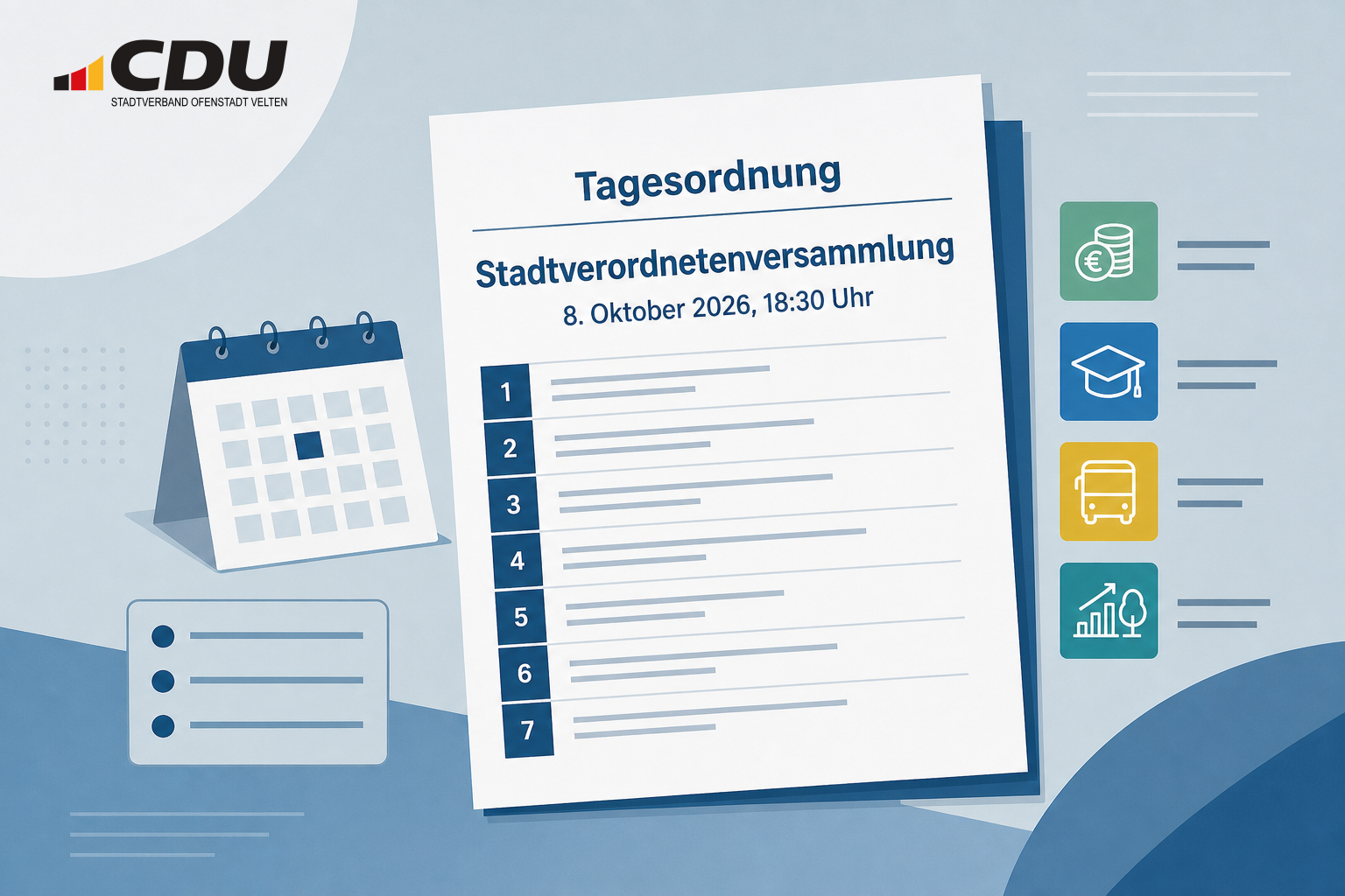 Redaktionelle Grafik einer stilisierten Tagesordnung zur Stadtverordnetenversammlung am 8. Oktober 2026 mit Symbolen für Haushalt, Schule, Verkehr und Stadtentwicklung.