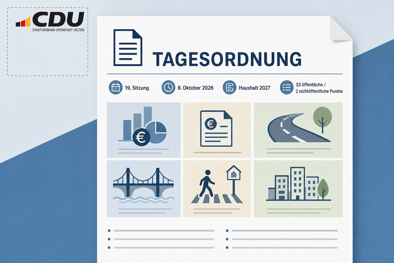 Redaktionelle Grafik einer veröffentlichten Tagesordnung zur 19. Sitzung mit Hinweisen auf Haushalt 2027, Gebühren und Infrastrukturprojekte.