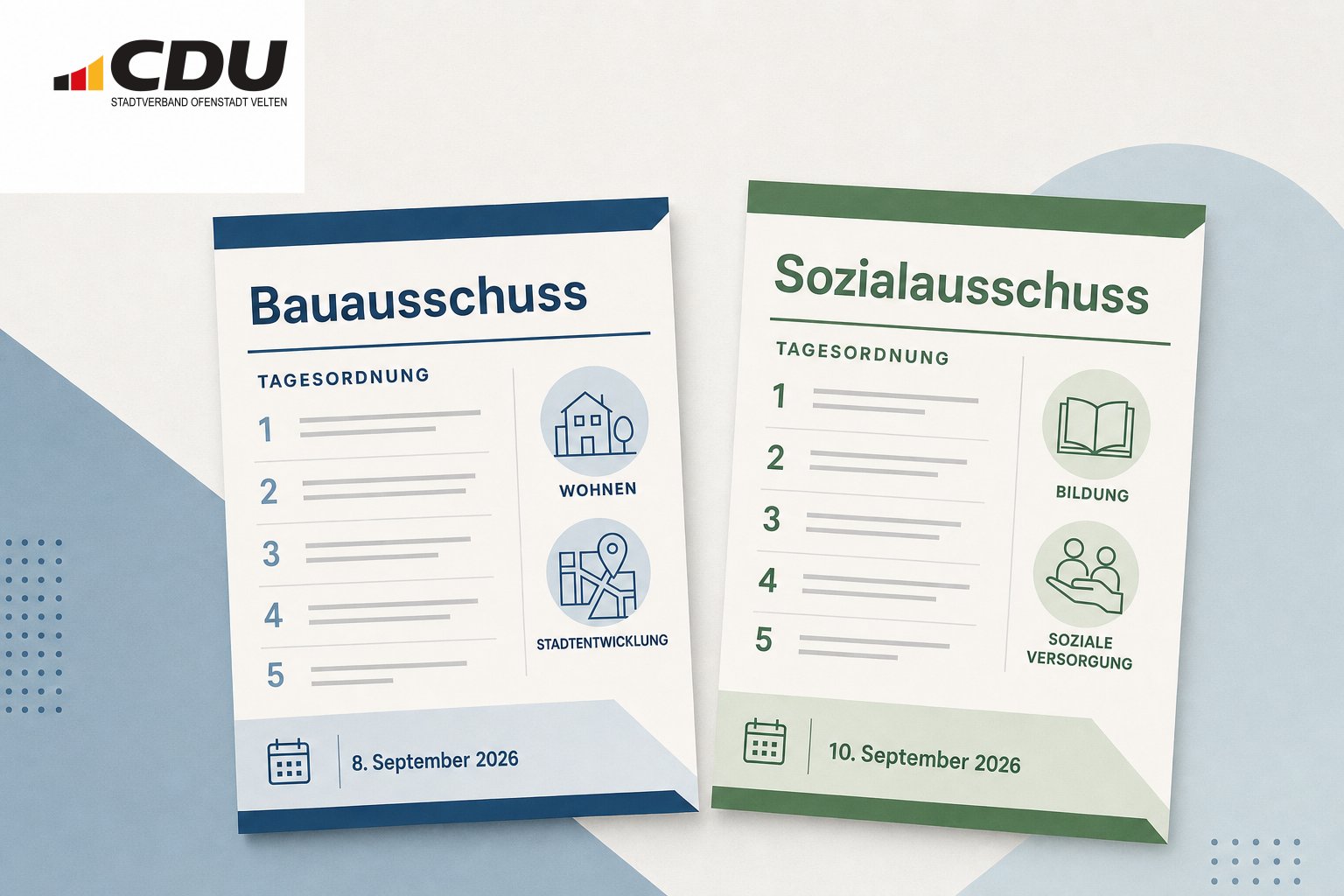 Redaktionelle Grafik mit zwei stilisierten Tagesordnungen für den Bauausschuss und den Sozialausschuss in Velten.