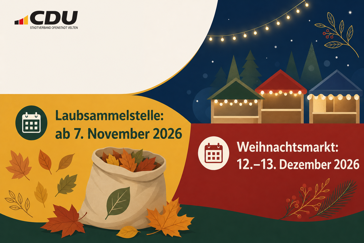 Redaktionelle Veranstaltungskarte zu Veltens Laubsammelstelle ab dem 7. November 2026 und zum zweitägigen Weihnachtsmarkt am 12. und 13. Dezember 2026.