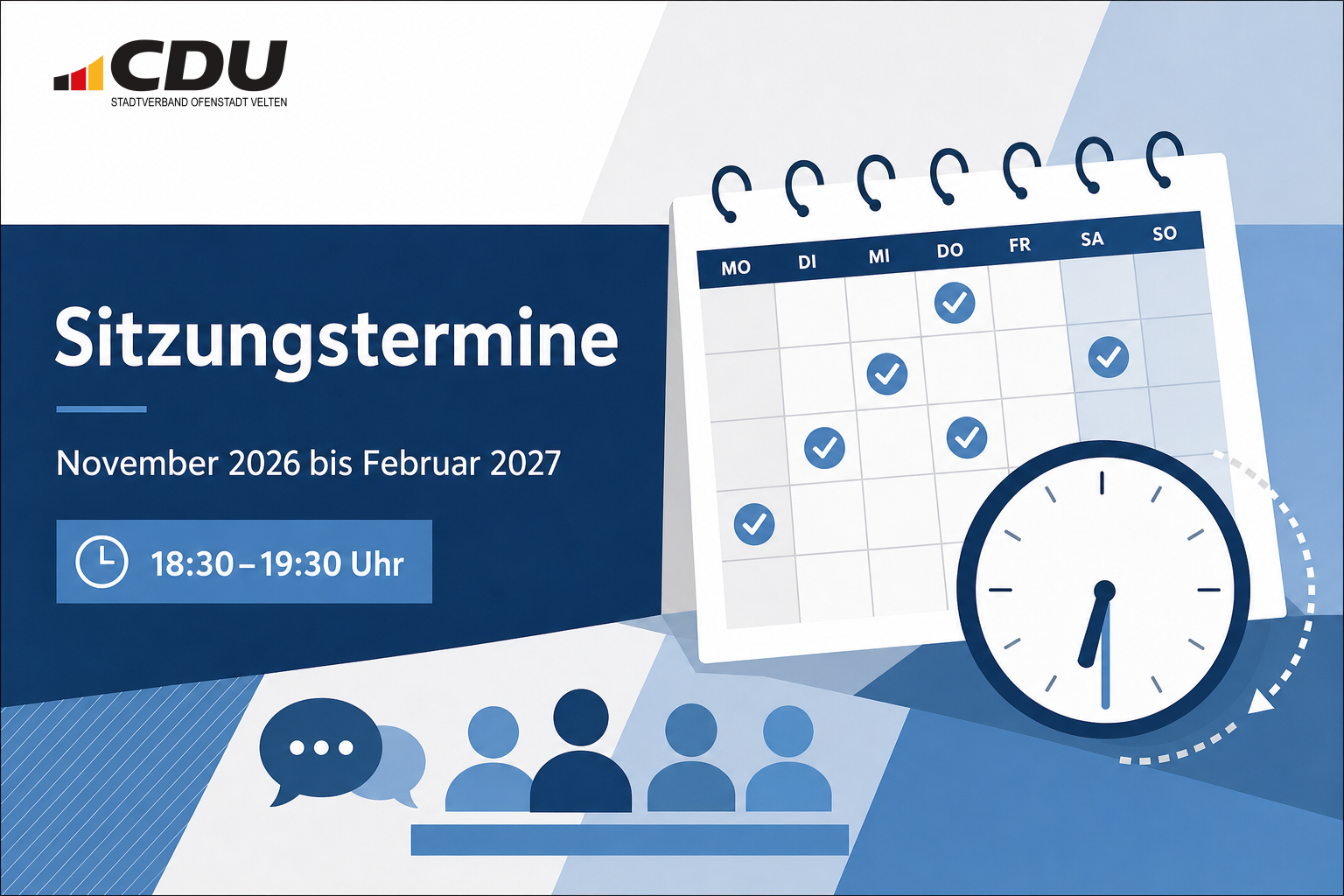 Redaktionelle Veranstaltungskarte zu den veröffentlichten Sitzungsterminen in Velten von November 2026 bis Februar 2027 mit dem wiederkehrenden Zeitfenster 18:30 bis 19:30 Uhr.