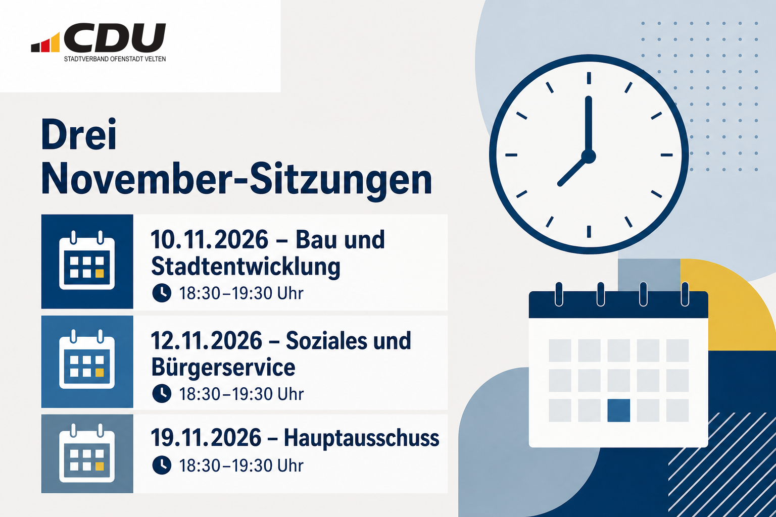 Redaktionelle Veranstaltungskarte zu drei kommunalpolitischen Sitzungen in Velten im November 2026, jeweils von 18:30 bis 19:30 Uhr.