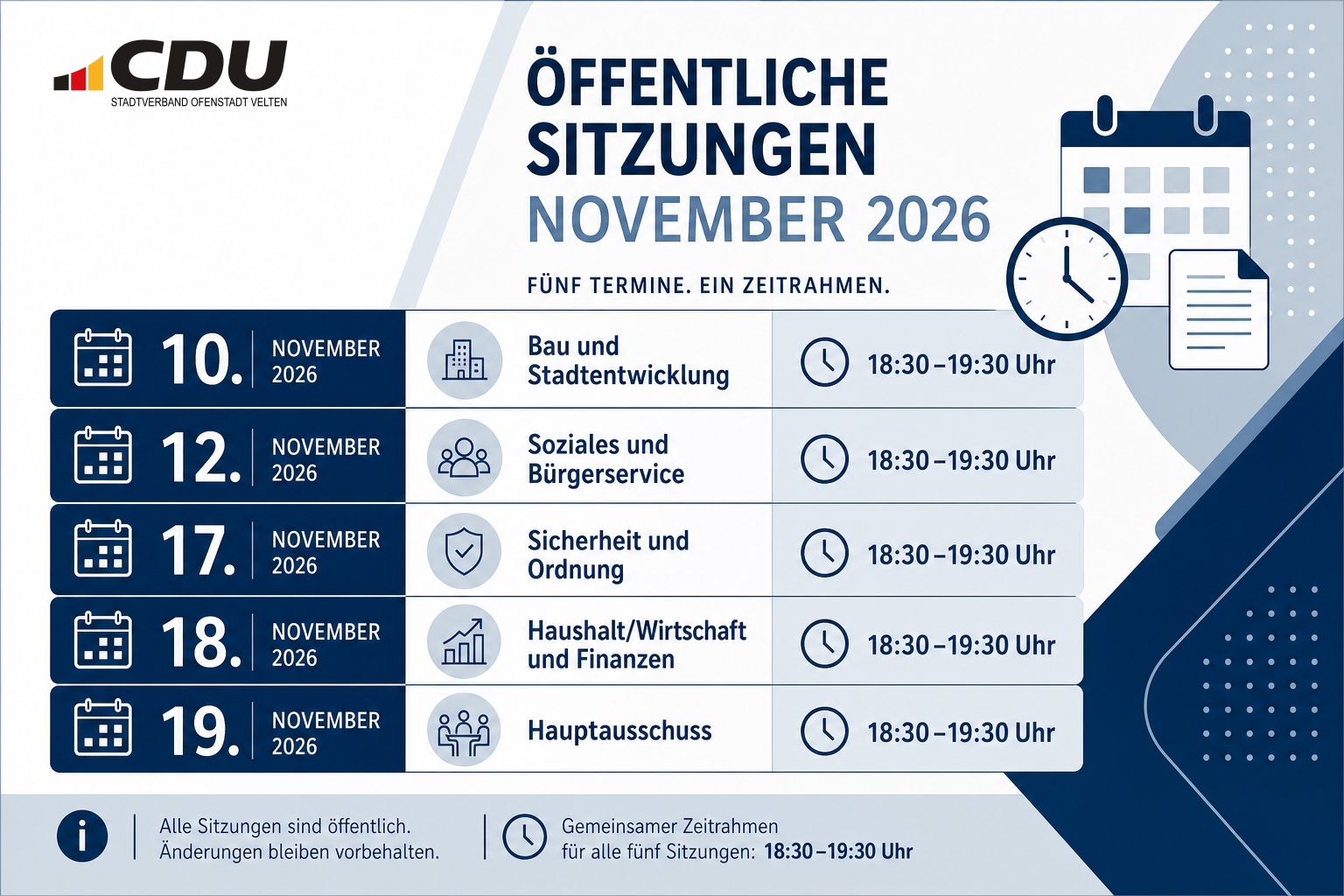 Redaktionelle Terminübersicht zu fünf Veltener Sitzungen im November 2026, jeweils von 18:30 bis 19:30 Uhr.