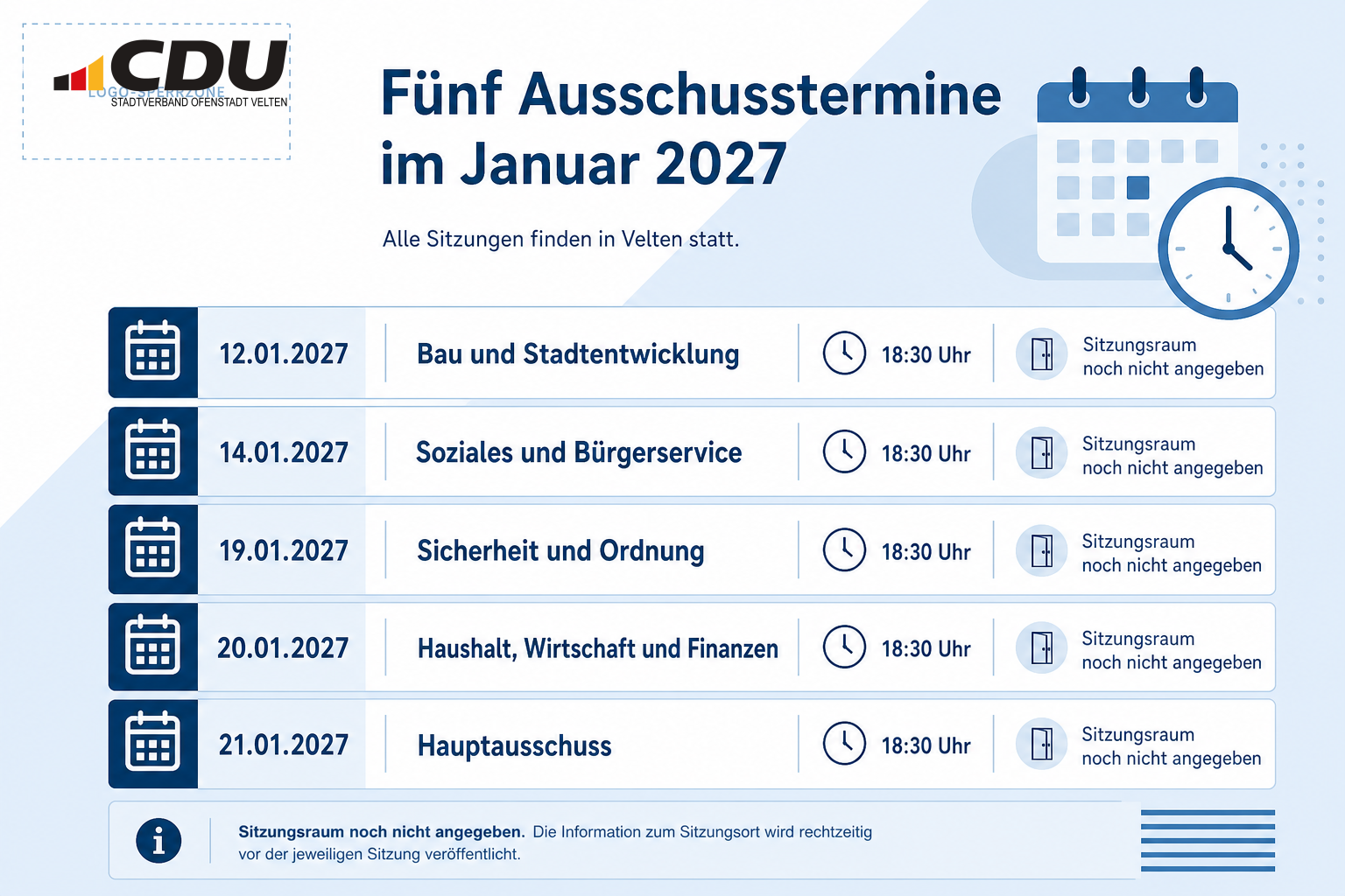 Grafische Terminübersicht mit fünf Ausschusssitzungen in Velten vom 12. bis 21. Januar 2027, jeweils um 18:30 Uhr; Sitzungsräume sind noch nicht angegeben.