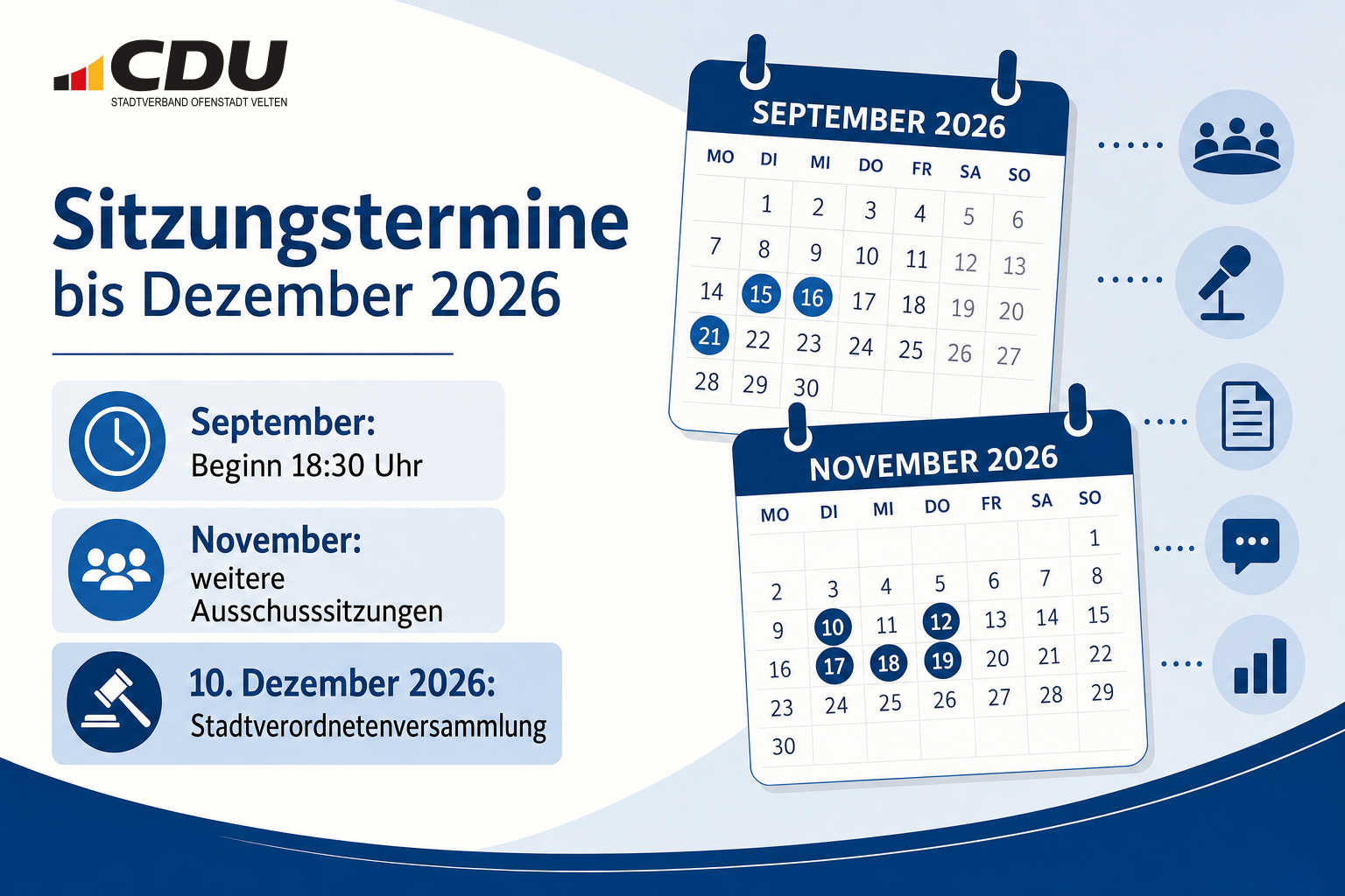 Redaktionelle Veranstaltungskarte zu den veröffentlichten Sitzungsterminen in Velten bis Dezember 2026 mit hervorgehobenen September-, November- und Dezember-Terminen.