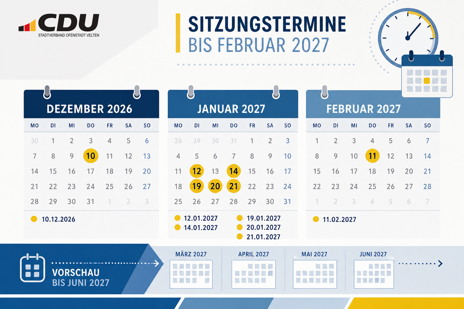 Grafische Veranstaltungskarte mit den veröffentlichten Sitzungsterminen der Stadt Velten von Dezember 2026 bis Februar 2027 und einem Hinweis auf weitere Termine bis Juni 2027.