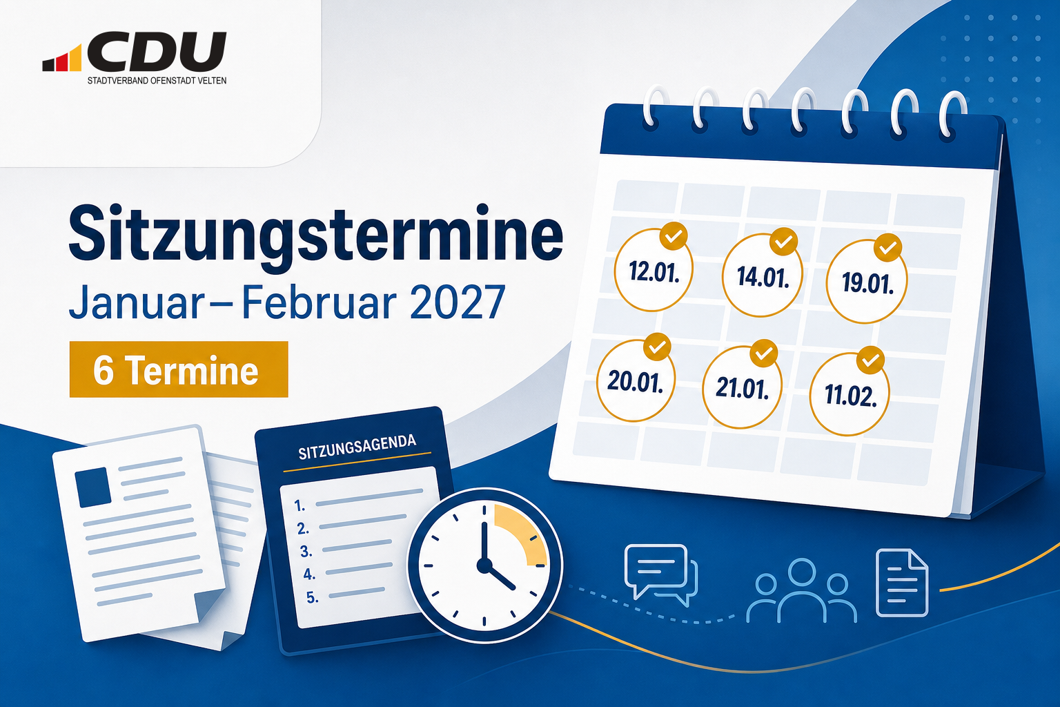 Redaktionelle Termin-Grafik zu sechs veröffentlichten Sitzungsterminen in Velten im Januar und Februar 2027.