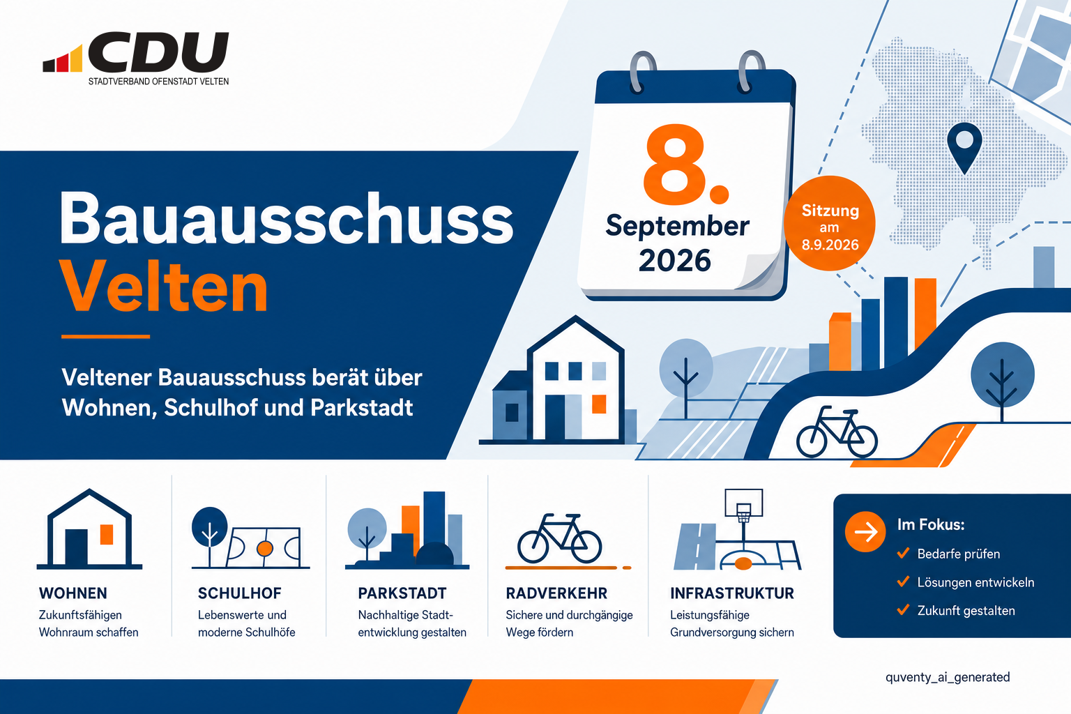 Redaktionelle Veranstaltungskarte zum Veltener Bauausschuss am 8. September 2026 mit Symbolen für Wohnen, Stadtentwicklung, Schulhof und Radverkehr.