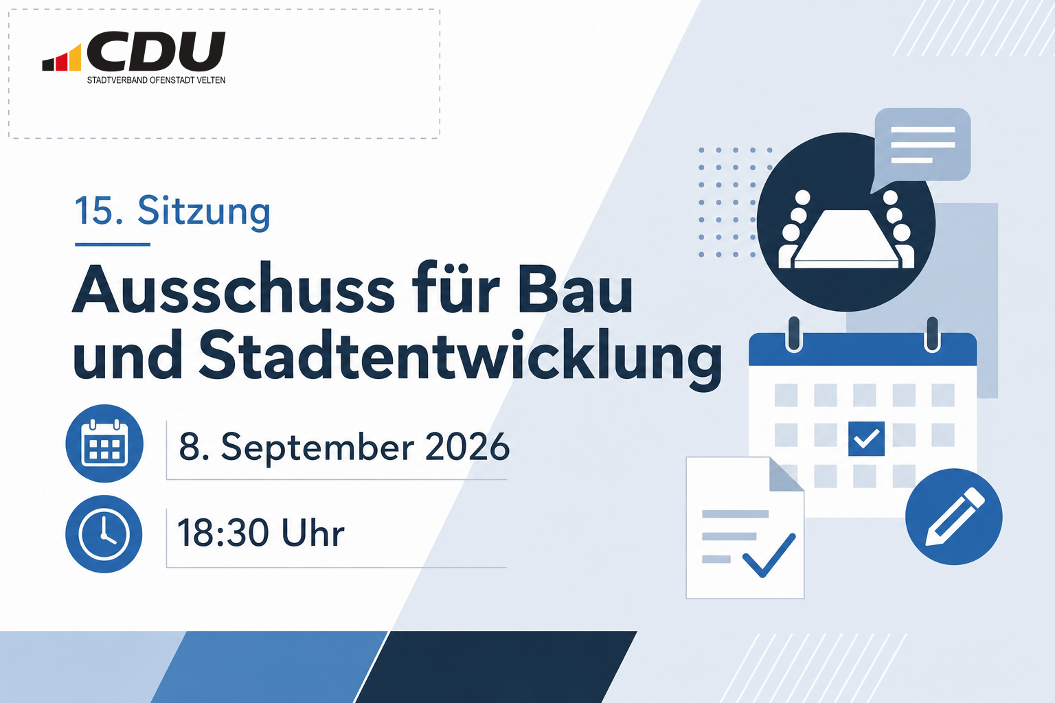 Redaktionelle Veranstaltungskarte zur offiziellen 15. Sitzung des Veltener Ausschusses für Bau und Stadtentwicklung am 8. September 2026 um 18:30 Uhr.