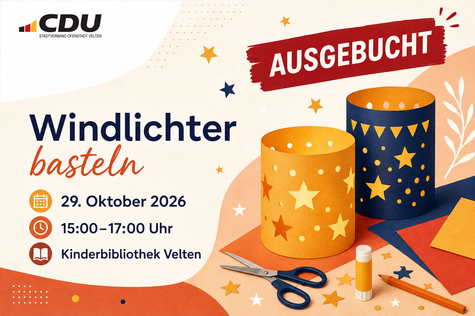 Redaktionelle Veranstaltungskarte zum Ferienangebot „Windlichter basteln“ in der Kinderbibliothek Velten am 29. Oktober 2026. Der Termin ist als ausgebucht gekennzeichnet.