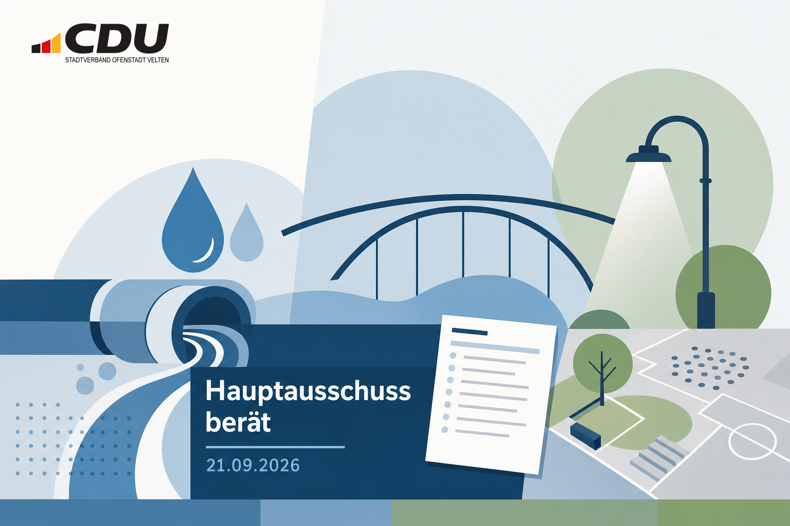 Redaktionelle Grafik zur Sitzung des Veltener Hauptausschusses mit Symbolen für Abwasser, Brücke, Straßenbeleuchtung und Schulhofplanung.
