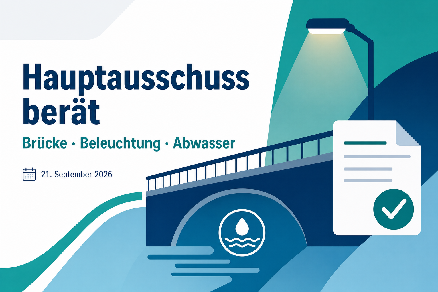 Redaktionelle Themenkarte zur Beratung des Veltener Hauptausschusses über Brückenbau, Straßenbeleuchtung und den Jahresabschluss des Abwasserbetriebs.