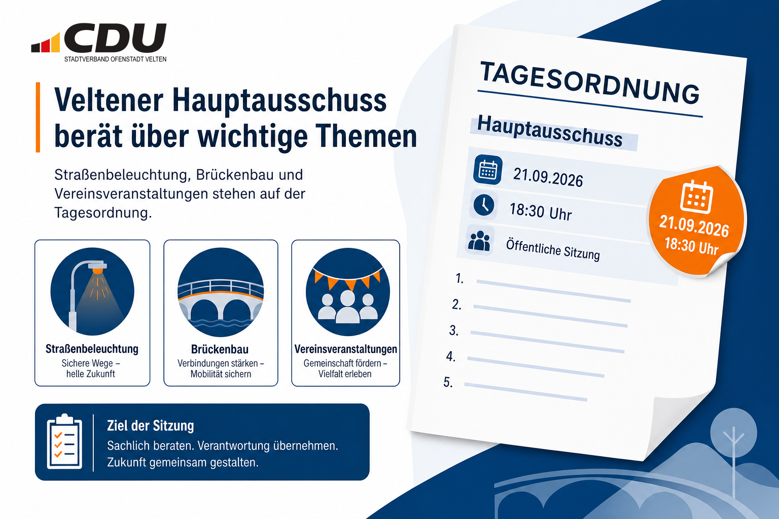 Redaktionell gestaltete Tagesordnungskarte zur Sitzung des Veltener Hauptausschusses am 21. September 2026 mit Symbolen für Straßenbeleuchtung, Brückenbau und Vereinsveranstaltungen.