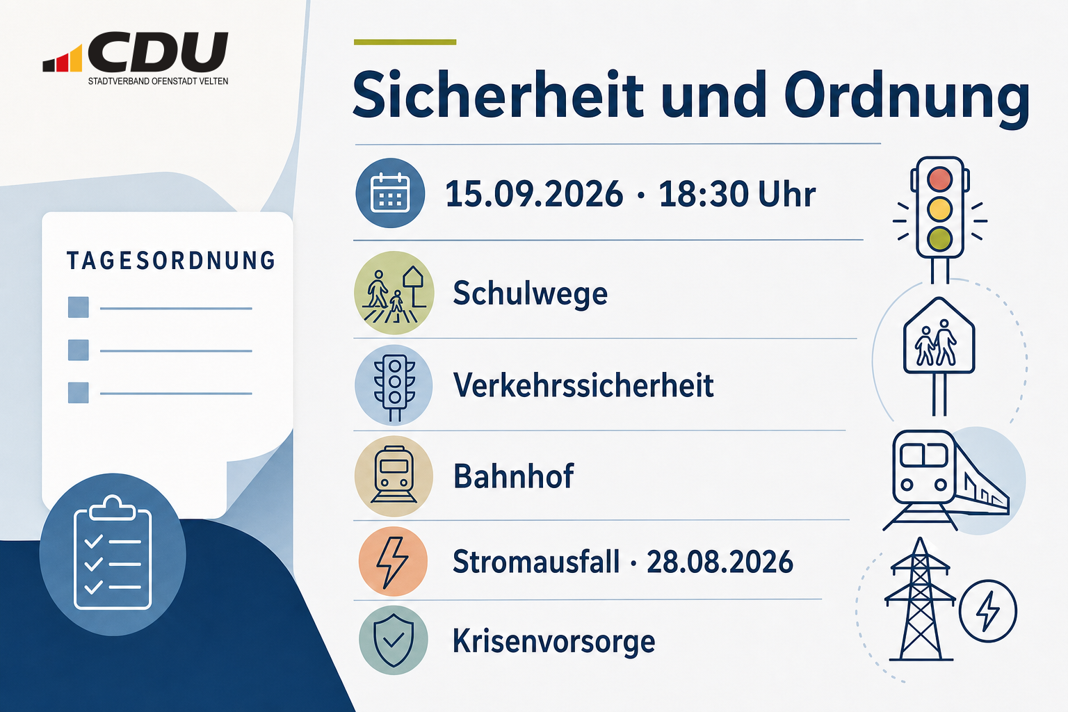 Illustrative Tagesordnungs-Grafik zur Sitzung des Veltener Ausschusses für Sicherheit und Ordnung am 15. September 2026 mit Themen zu Schulwegen, Verkehrssicherheit, Bahnhof und der Auswertung eines Stromausfalls.