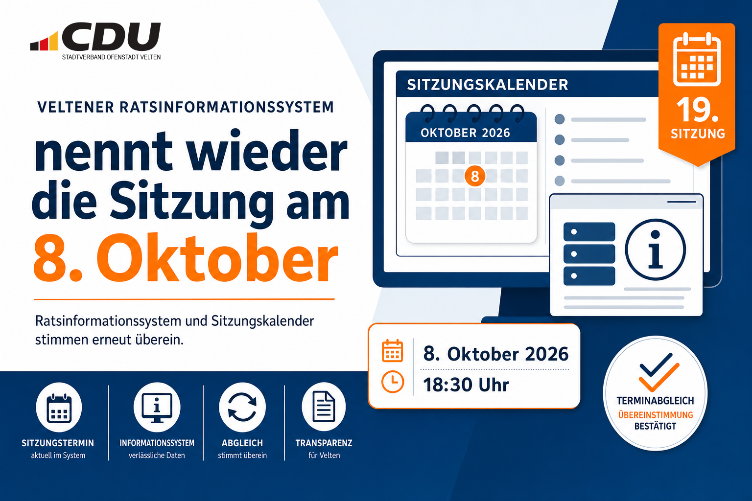 Redaktionelle Veranstaltungskarte mit einem digitalen Sitzungskalender und dem Termin der 19. Sitzung am 8. Oktober 2026 um 18:30 Uhr.