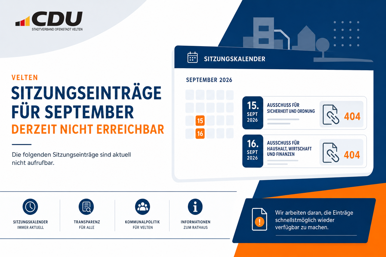 Redaktionelle Grafik mit zwei September-Terminen eines stilisierten Sitzungskalenders, deren Detailseiten mit dem Hinweis 404 als derzeit nicht erreichbar markiert sind.