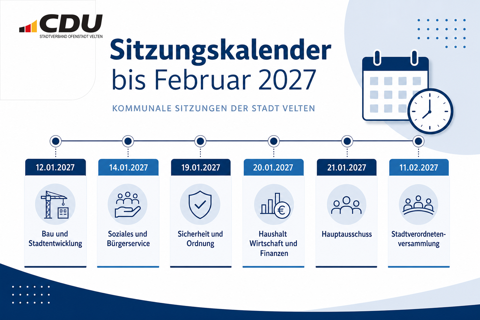Grafische Übersicht des Veltener Sitzungskalenders mit sechs kommunalpolitischen Terminen vom 12. Januar bis 11. Februar 2027.