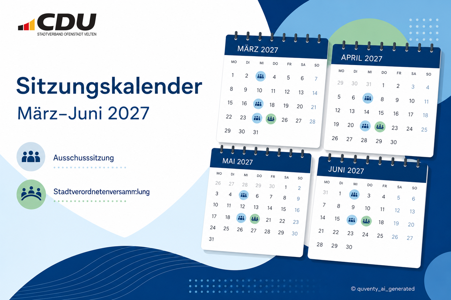 Redaktionelle Grafik mit stilisierten Kalenderblättern zum erweiterten Sitzungskalender der Stadt Velten für März bis Juni 2027.