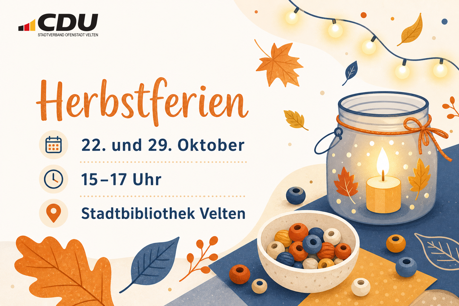 Grafische Veranstaltungskarte zu zwei Kreativangeboten der Stadtbibliothek Velten in den Herbstferien am 22. und 29. Oktober.