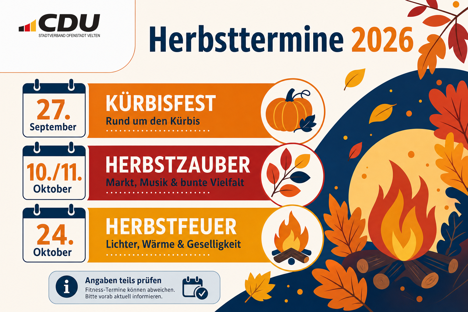Redaktionelle Veranstaltungskarte mit herbstlichen Symbolen und ausgewählten Terminen aus dem Veltener Veranstaltungskalender 2026.