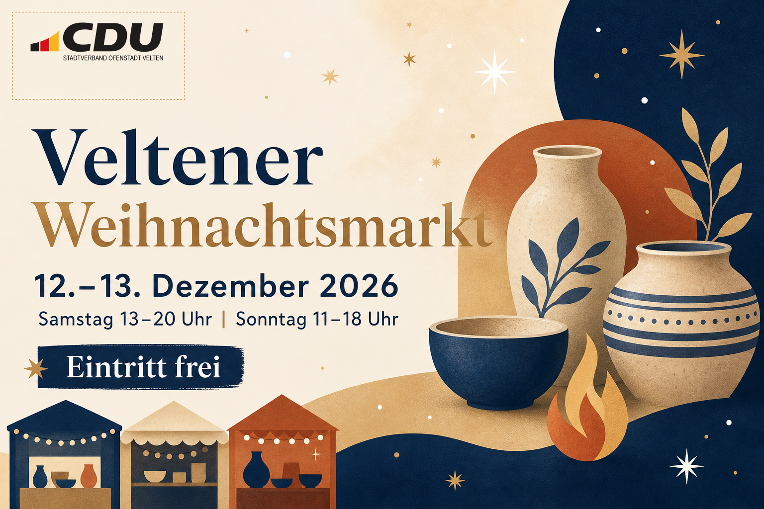 Redaktionelle Veranstaltungskarte zum Veltener Weihnachtsmarkt am 12. und 13. Dezember 2026 mit stilisierten Keramik- und Weihnachtssymbolen sowie den Öffnungszeiten.