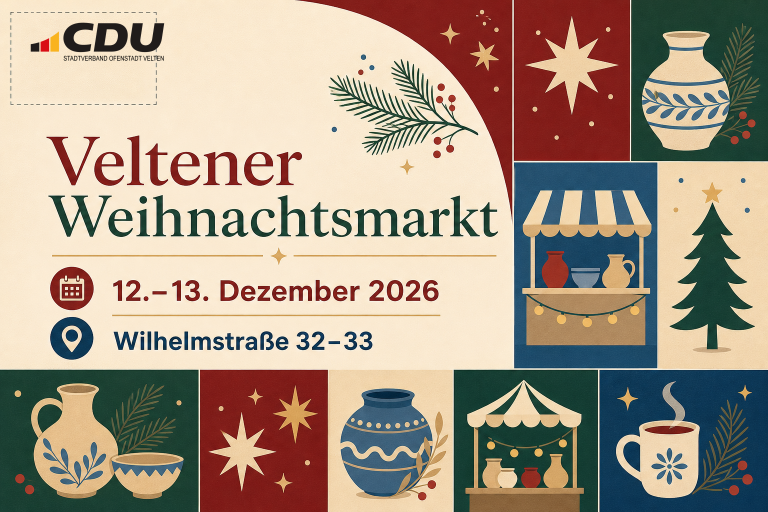 Grafische Veranstaltungskarte zum Veltener Weihnachtsmarkt am 12. und 13. Dezember 2026 mit stilisierten Weihnachts- und Keramikmotiven.