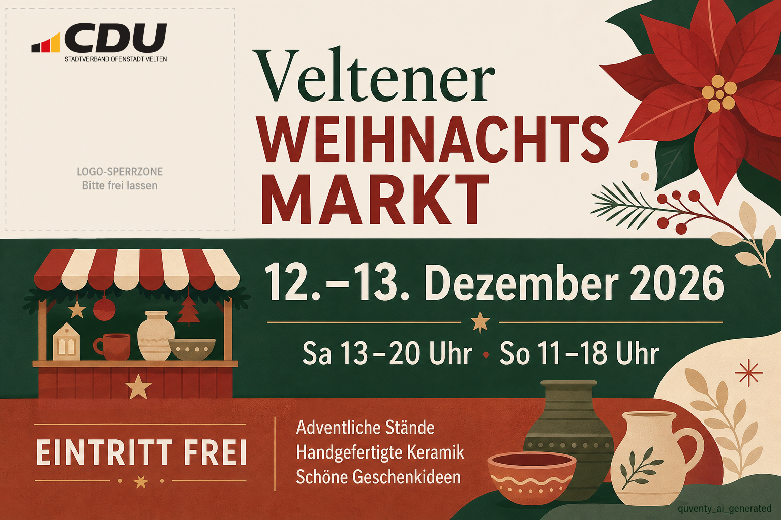 Redaktionelle Veranstaltungskarte zum Weihnachtsmarkt in Velten am 12. und 13. Dezember 2026 mit Veranstaltungszeiten und Hinweis auf den freien Eintritt.