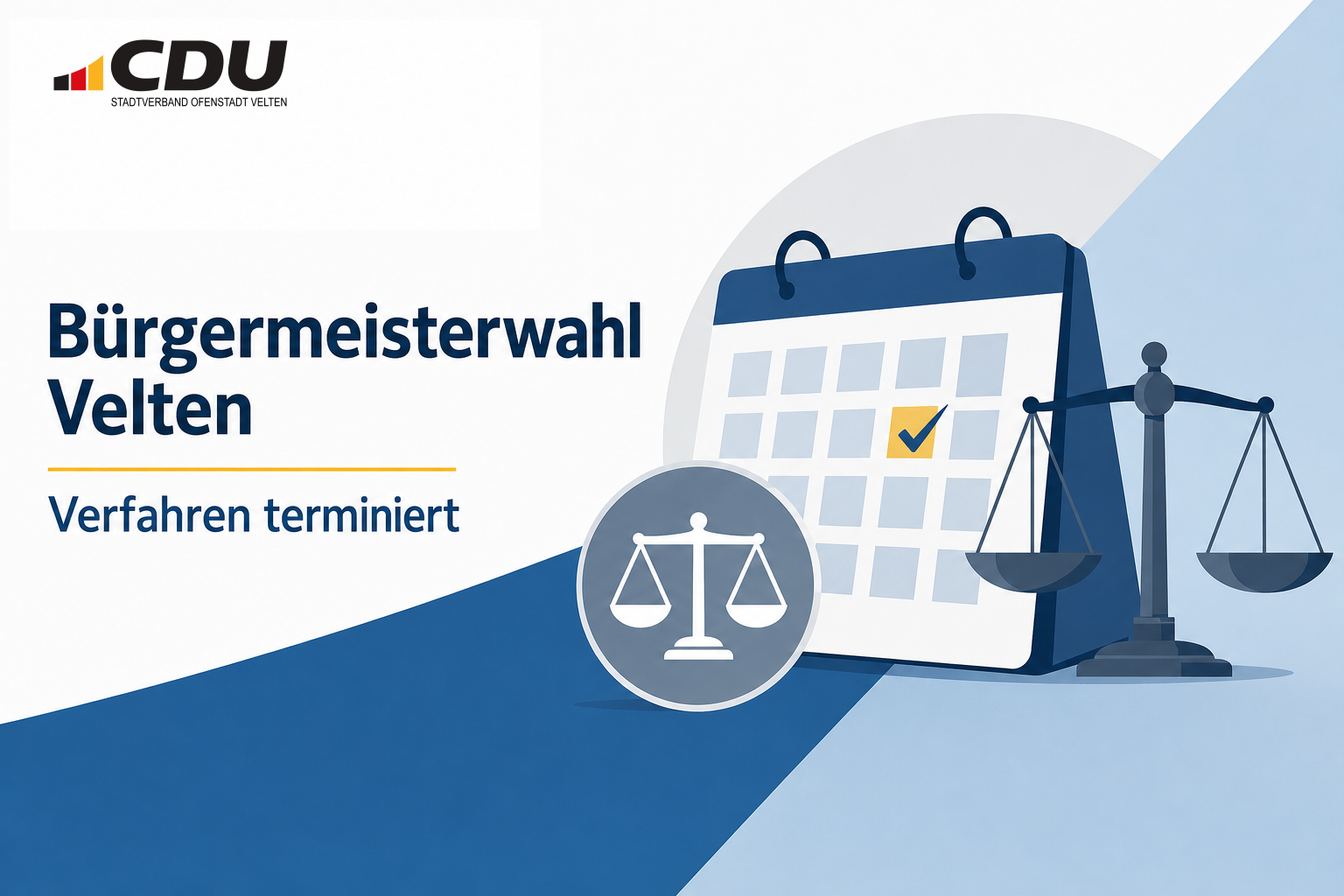 Redaktionelle Grafik mit Kalender-, Gerichts- und Waagensymbolen zum terminierten Verfahren über die Anerkennung der Bürgermeisterwahl in Velten.