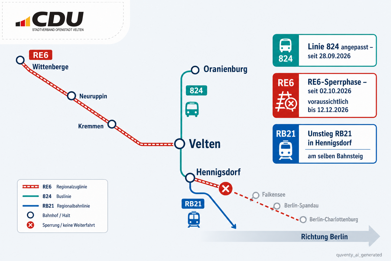Schematische Karte der Verkehrslage rund um Velten mit angepasster Buslinie 824, unterbrochener RE6-Verbindung Richtung Berlin und RB21 als Umsteigeverbindung ab Hennigsdorf.