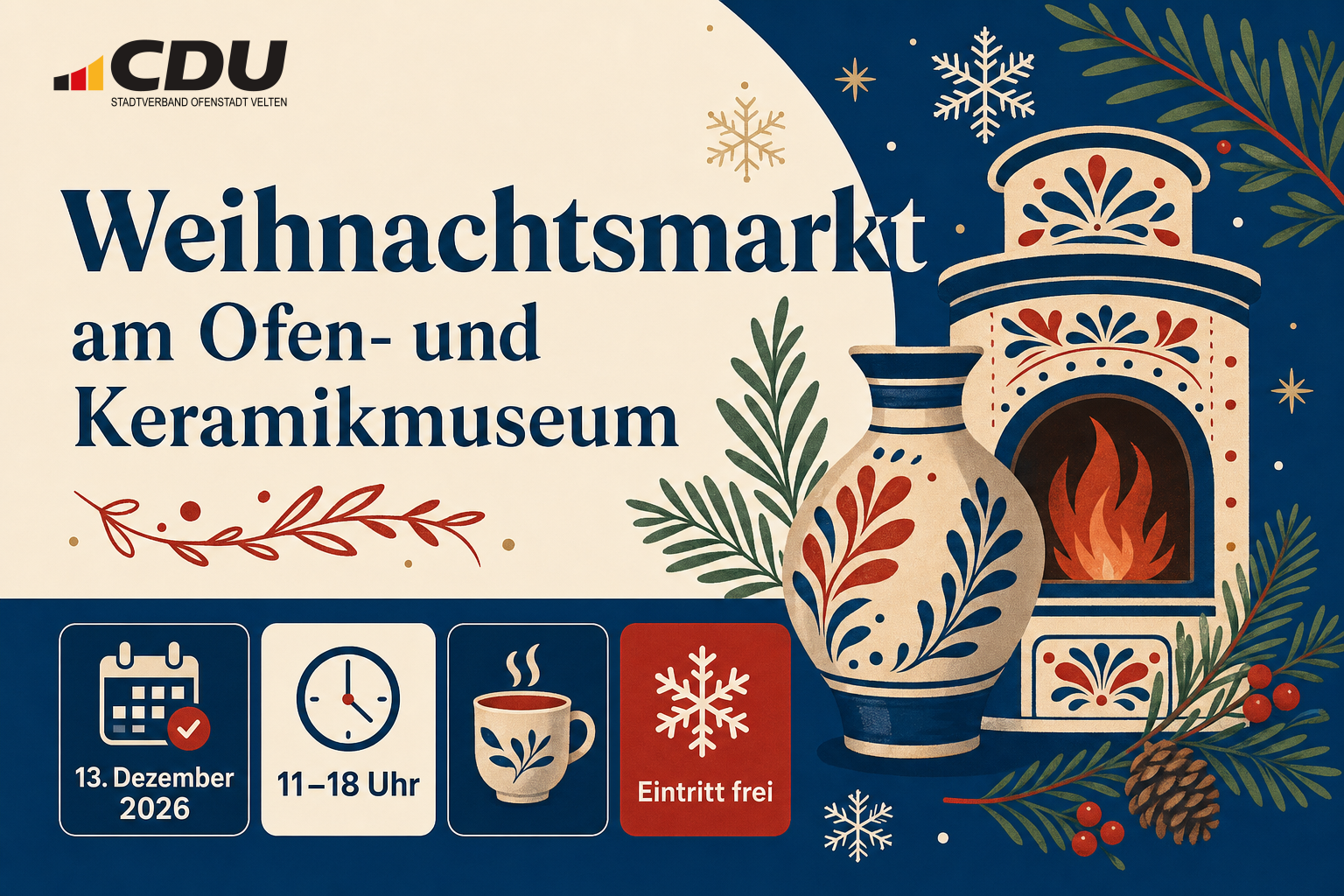 Redaktionelle Veranstaltungskarte zum angekündigten Weihnachtsmarkt am Ofen- und Keramikmuseum Velten am 13. Dezember 2026 von 11 bis 18 Uhr bei freiem Eintritt.