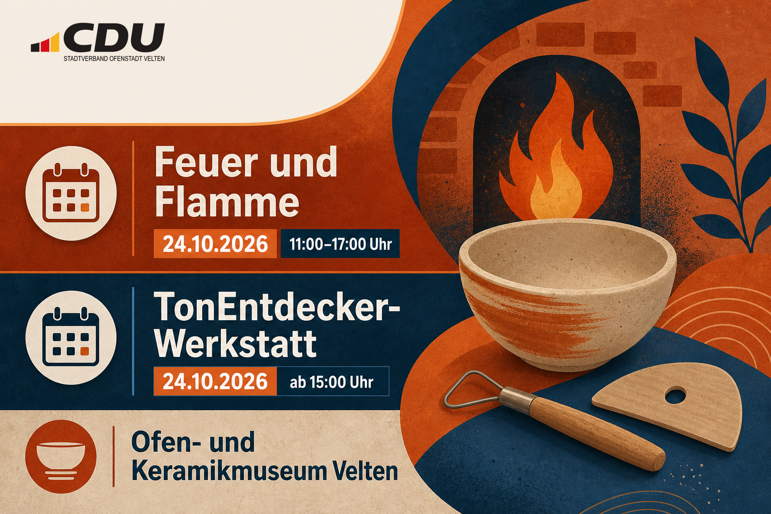 Redaktionelle Veranstaltungskarte mit Kalender, Flamme und Keramikmotiven für zwei Termine im Ofen- und Keramikmuseum Velten am 24. Oktober 2026.